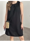 Bisiklet yaka cepli kısa keten elbise siyah