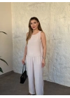 Bisiklet yaka sıfır kol düz takım bej