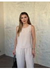 Bisiklet yaka sıfır kol düz takım bej