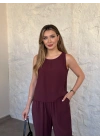 Bisiklet yaka sıfır kol düz takım bordo