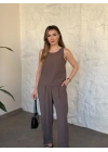 Bisiklet yaka sıfır kol düz takım kahve