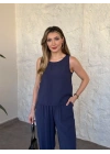 Bisiklet yaka sıfır kol düz takım lacivert