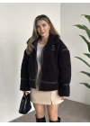Biye detaylı içi astarlı teddy mont siyah
