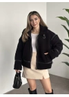Biye detaylı içi astarlı teddy mont siyah