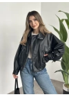 Bol düğme detaylı deri ceket siyah