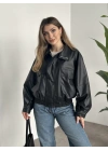 Bol düğme detaylı deri ceket siyah