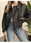Bol düğme detaylı deri ceket siyah
