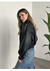 Bol düğme detaylı deri ceket siyah