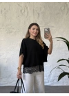 bol kesim dantel detaylı triko siyah