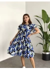 Bol Kesim Poplin Kumaş Mini Elbise Mavi Beyaz Desenli