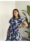 Bol Kesim Poplin Kumaş Mini Elbise Mavi Beyaz Desenli