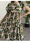 Bol Kesim Poplin Kumaş Mini Elbise Yeşil Beyaz Desenli