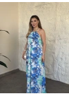 Boyundan bağlamalı halter yaka bol kesim çiçekli elbise mavi
