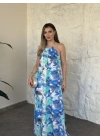 Boyundan bağlamalı halter yaka bol kesim çiçekli elbise mavi