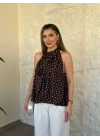 Boyundan bağlamalı halter yaka puantiye bluz kahve