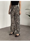 Burgu leopar kumaş beli kemerli pantolon