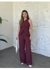 Çapraz asimetrik kesim çizgili takım bordo