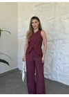 Çapraz asimetrik kesim çizgili takım bordo