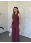 Çapraz asimetrik kesim çizgili takım bordo