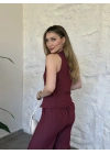 Çapraz asimetrik kesim çizgili takım bordo
