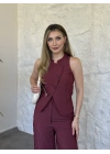 Çapraz asimetrik kesim çizgili takım bordo