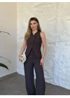 Çapraz asimetrik kesim çizgili takım kahve