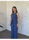 Çapraz asimetrik kesim çizgili takım mavi
