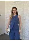 Çapraz asimetrik kesim çizgili takım mavi