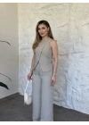 Çapraz asimetrik kesim çizgili takım yeşil