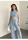 Çapraz bağlama detaylı keten takım bebek mavisi