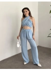 Çapraz bağlama detaylı keten takım bebek mavisi