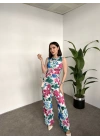çiçek desenli sıfır kol saten tulum