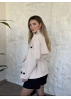 çift düğme dik yaka kuşaklı ara boy trenç açık krem