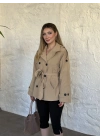 çift düğme dik yaka kuşaklı ara boy trenç bej