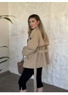 çift düğme dik yaka kuşaklı ara boy trenç bej