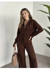 Çift fermuarlı kapşonlu triko takım kahve