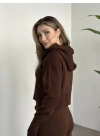 Çift fermuarlı kapşonlu triko takım kahve