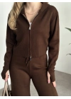 Çift fermuarlı kapşonlu triko takım kahve