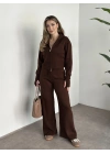 Çift fermuarlı kapşonlu triko takım kahve