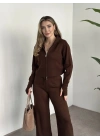 Çift fermuarlı kapşonlu triko takım kahve