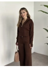 Çift fermuarlı kapşonlu triko takım kahve