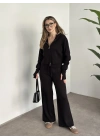 Çift fermuarlı kapşonlu triko takım siyah