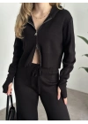 Çift fermuarlı kapşonlu triko takım siyah