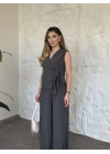 Çizgili belinden kuşaklı zampak takım gri