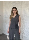 Çizgili belinden kuşaklı zampak takım gri