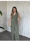 Çizgili belinden kuşaklı zampak takım haki