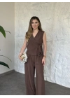 Çizgili belinden kuşaklı zampak takım kahve
