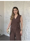 Çizgili belinden kuşaklı zampak takım kahve