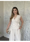 Çizgili belinden kuşaklı zampak takım krem