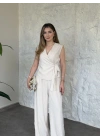 Çizgili belinden kuşaklı zampak takım krem